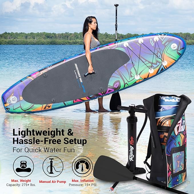 SereneLife Inflatable Stand Up Paddle Board with Premium SUP Accessories – Wide Stable Design with Non-Slip EVA Deck Pad for Adults and Youth of All Skill Levels, 350 lbs Capacity
