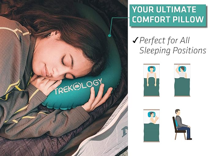TREKOLOGY Ultralight Inflatable Camping Travel Pillow - ALUFT 2.0 Compressible, Compact, Comfortable, Ergonomic Inflating Pillows for Neck & Lumbar Support While Camp, Hiking, Backpacking
