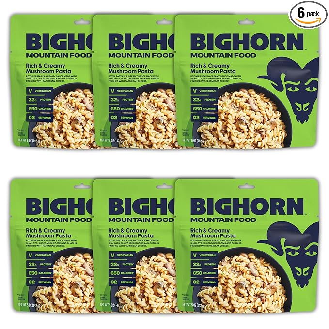 BIGHORN Mountain Food Vegetarian Creamy Mushroom Pasta - contains 6 packs | 12 servings | 192g Protein | 3,900 Calories - premium freeze dried meals for backpacking food - vegetarian backpacking meal - ideal camping meals just add water - great taste