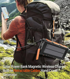 Solar Power Bank Dual Magnetic Wireless Charging, Built-in 2 Retractable Cables & Hand Crank and 22.5W Fast Charge, SOS/Strobe/Strong Flashlights