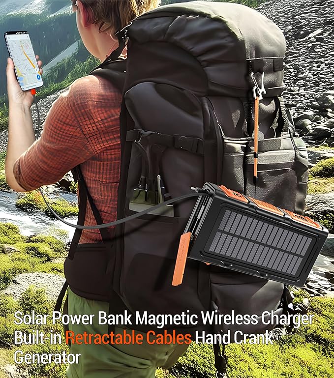 Solar Power Bank Dual Magnetic Wireless Charging, Built-in 2 Retractable Cables & Hand Crank and 22.5W Fast Charge, SOS/Strobe/Strong Flashlights