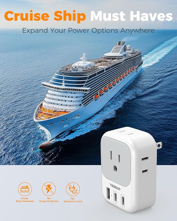 TESSAN US to Japan Plug Adapter 2 Pack,2 Prong to 3 Prong Outlet Adapter with 4 Outlets and 3 USB (2 USB-C), Power Adaptor US to Japan China Mexico Philippines Canada Peru Thailand Vietnam
