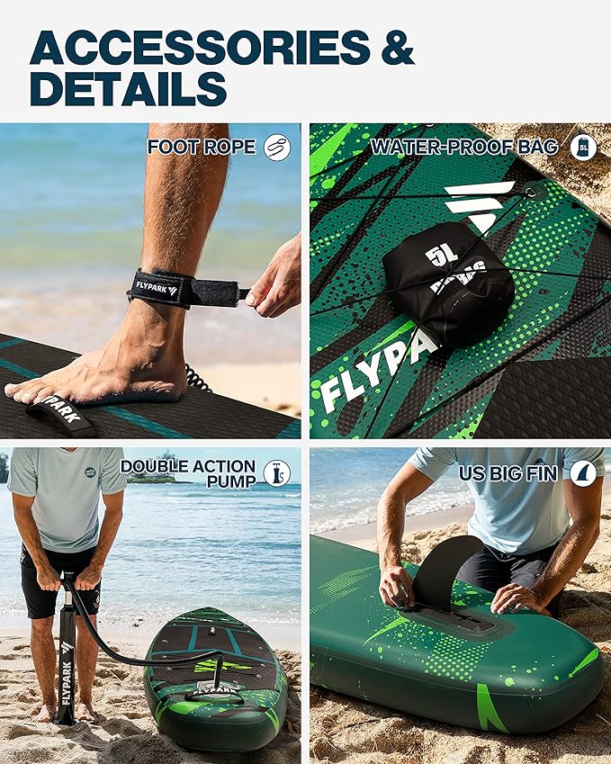 Flypark 11'x34 Inflatable Paddle Boards, Extra Wide SUP for 420lbs/3Adults, Yoga Stand Up Paddle Board, 110L Backpack, 15 D-Rings, Shoulder Strap, US-Fin, 2-Action Pump