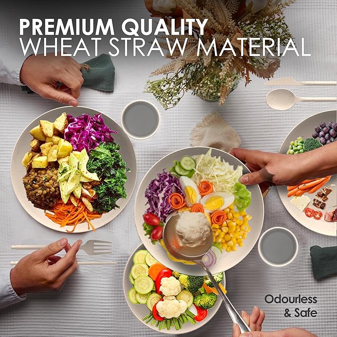 Wheat Straw Dinnerware Sets for 4 - Alternate To Plastic Dinnerware Set - Dishwasher Safe Microwave Plates - Lightweight Wheatstraw Dishes - Unbreakable Camping Plates & RV Dishes