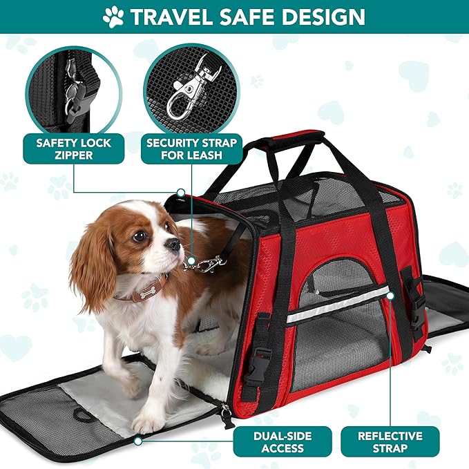 PetAmi Airline Approved Pet Carrier for Cats & Small Dogs, Soft Sided TSA Travel Carrier Bag with Sherpa Bed, Breathable Mesh Ventilation, Collapsible Bowl, Fits Under Seat, Up to 18 lbs, Large Red