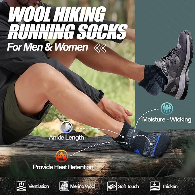 ANTSANG 6 Pairs Merino Wool Ankle Hiking Running Socks Compression Thick Cushion Breathable No Show Socks for Men Women