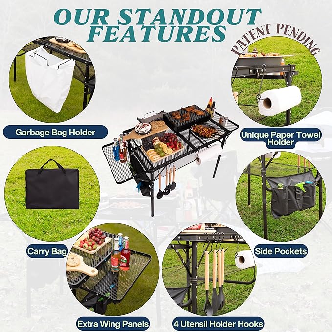 Folding Table w/ Carry Bag, Paper Towel Holder, Garbage Holder, Wing Panels, 3x2 FT Foldable Table for Portable Grill, Picnic, Outdoor, Beach, Small Folding Table Adjustable Height,Camping Table, BBQ