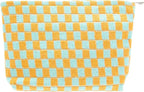 PAZIMIIK Knitted Checkered Makeup Bag Large Zipper Make Up Accessory Pouch for Purse Cosmetic Brush Bag for Travel Essential Orange Green