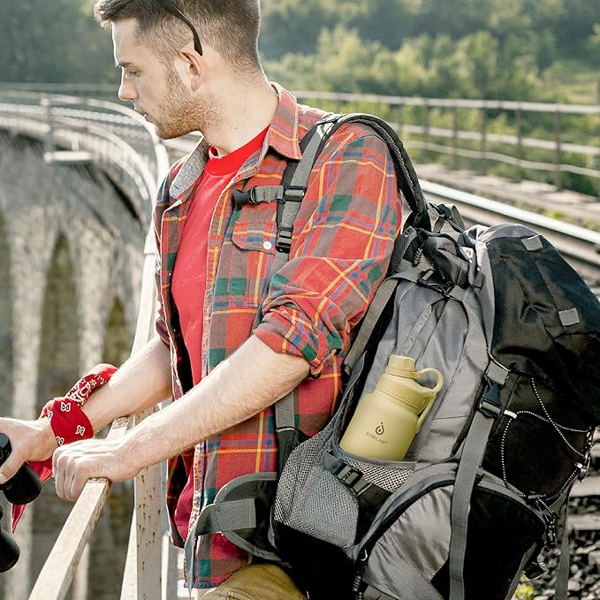 IDEUS Insulated Stainless Steel Water Bottle with 2 Leak-Proof Lids, Thermal Water Flask for Hiking Biking, 32oz, Light Yellow