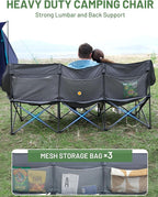 TIMBER RIDGE Padded 3 Person Camping Chair Supports to 1050lbs, Portable Camp Couch Double Camping Chairs, Outdoor Oversized Folding Loveseat Perfect for Campsites, Patio/Lawn, Soccer Games, Grey