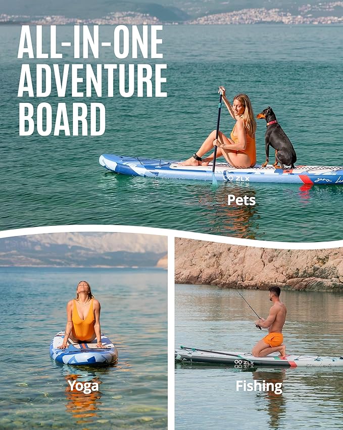 ZLX 11'6" Extra Wide Inflatable Stand Up Paddle Board SUP, Stable Non-Slip Deck Pad, Unique Fin System and Premium iSUP Accessories - Portable Backpack & Upgraded Pump for Adults, All Skill Levels