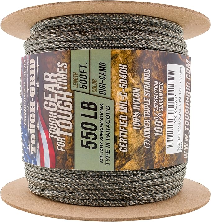 TOUGH-GRID 550 Paracord Rope Nylon Parachute Cord, Made in USA Survival Kit, Outdoor Adventures, Camping, Tactical Gear & Emergency Supplies, Military Type III Mil-Spec