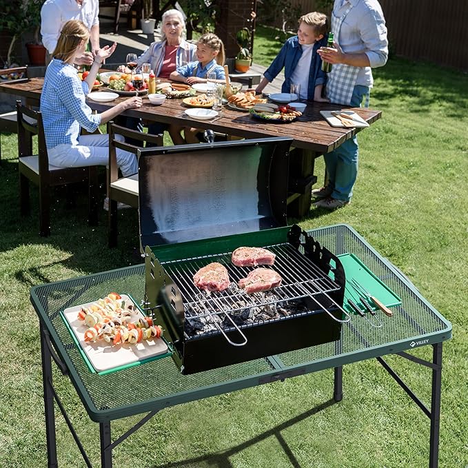 VILLEY Grill Table, 3ft Folding Camping Table with Aluminum Adjustable Legs, Portable Lightweight Camp Table for Beach Picnics and Outdoor Cooking