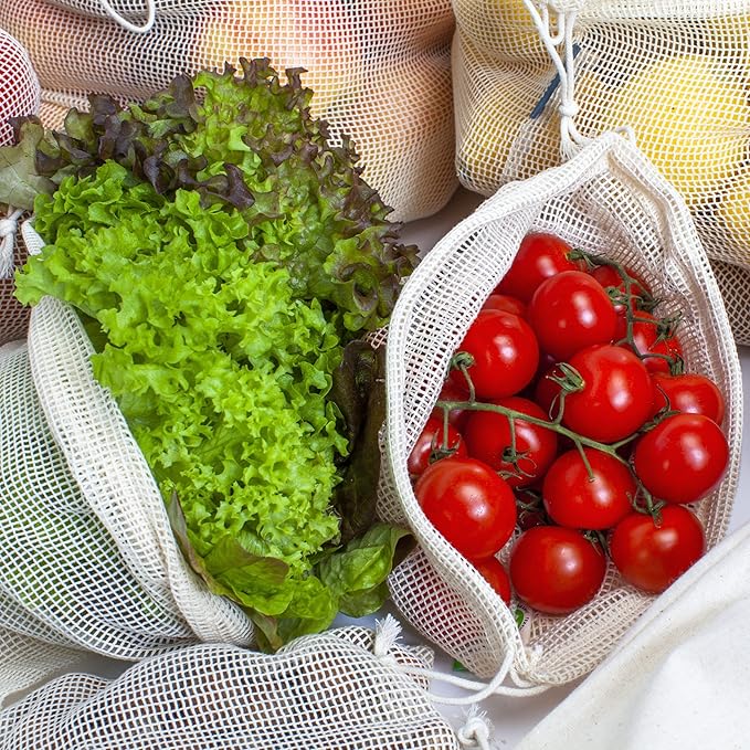4-pack Reusable Produce Bags Grocery Washable XL, Organic Cotton Mesh Produce Bags Double-Stitched Vegetable Grocery Reusable, Tare Weight, Cotton Produce Bags Reusable Washable, Produce bgs XL