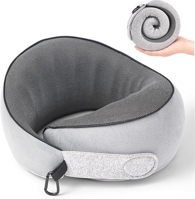 Travel Pillow, 100% Pure Memory Foam Travel Neck Pillow Airplane Neck Support Ergonomic Design for Traveling Suitable for Airplanes,Offices and Cars-Grey