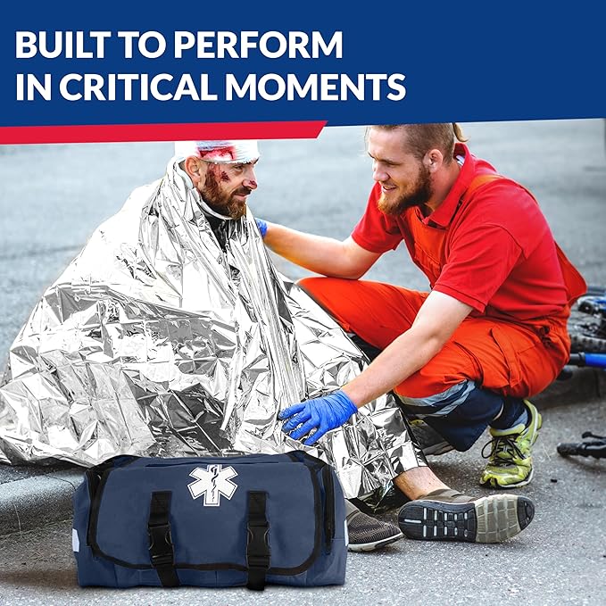 First Responder Trauma First Aid Kit Bag – Fully Stocked Emergency Medical Kit for Workplace, Vehicle & Home – OSHA & ANSI Compliant – Portable – Blue