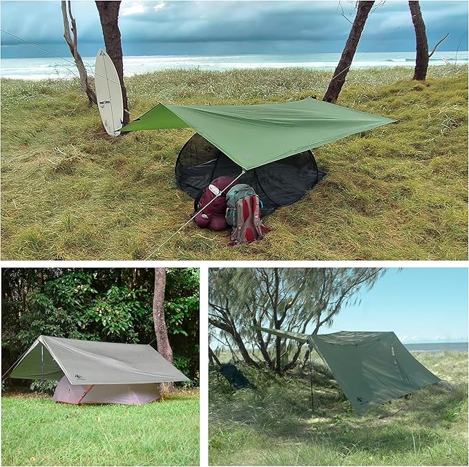 Camping Tarp 10x10 ft (3x3 m) Waterproof Lightweight Rain Fly - Backpacking, Hammock Shelter, Emergency Survival Tent, Durable, Compact All-Weather Cover