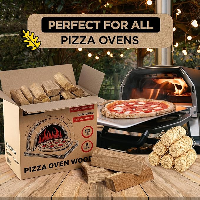 Pizza Oven Wood with Fire Starters, 12 lbs Kiln-Dried White Oak Logs (6 Inch) for Ooni, Solo Stove, Gozney – Low Smoke, Clean Split Firewood for Outdoor Cooking & Wood-Fired Pizza, Approx 800 cub.in.