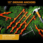 Zhengmy 12 Pcs Ground Anchors Screw in, 12 Inch Heavy Duty Tent Stakes with Trampoline Anchor Hook Ground Stakes for Camping Tent Canopies Ports Sheds Swing Sets Securing Animals (Orange)