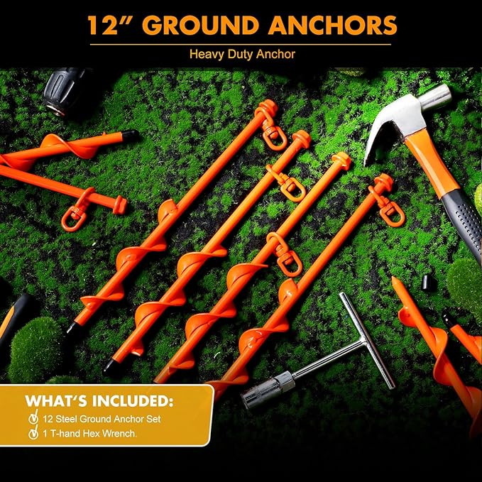 Zhengmy 12 Pcs Ground Anchors Screw in, 12 Inch Heavy Duty Tent Stakes with Trampoline Anchor Hook Ground Stakes for Camping Tent Canopies Ports Sheds Swing Sets Securing Animals (Orange)
