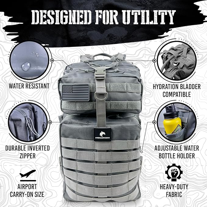 AMERICANPHOENIX 45L Elite Tactical Backpack | 3X Stronger Work & Military Backpack | Water Resistant and Heavy Duty | 3 Day MOLLE Bug Out Bag (Arctic Grey)
