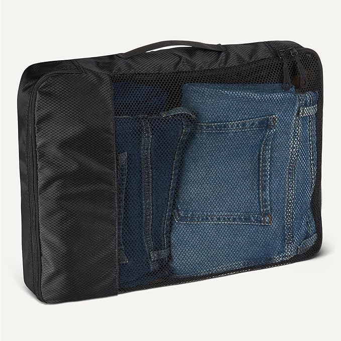 Amazon Essentials 4-Piece Packing Cubes Travel Accessories Set, Luggage Organizer with Double Zipper, Mesh Top, 100% Polyester, Large, Black (Previously Amazon Basics)