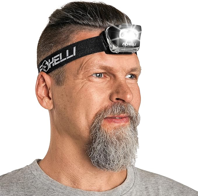 Foxelli LED Headlamp Flashlight for Adults & Kids, Running, Camping, Hiking Head Lamp with White & Red Light, Comfortable Headband, Lightweight & Waterproof, 3 AAA Batteries