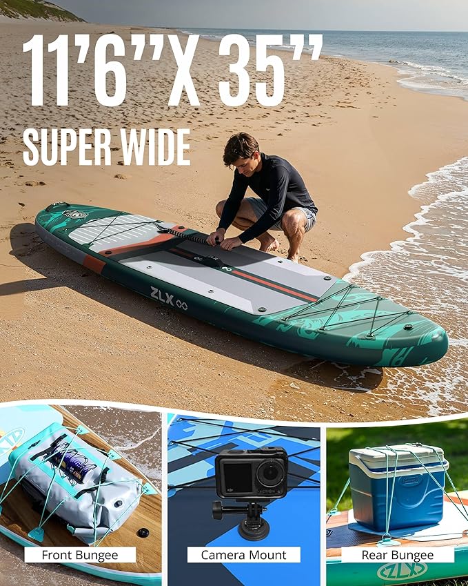 ZLX 11'6" Extra Wide Inflatable Stand Up Paddle Board SUP, Stable Non-Slip Deck Pad, Unique Fin System and Premium iSUP Accessories - Portable Backpack & Upgraded Pump for Adults, All Skill Levels