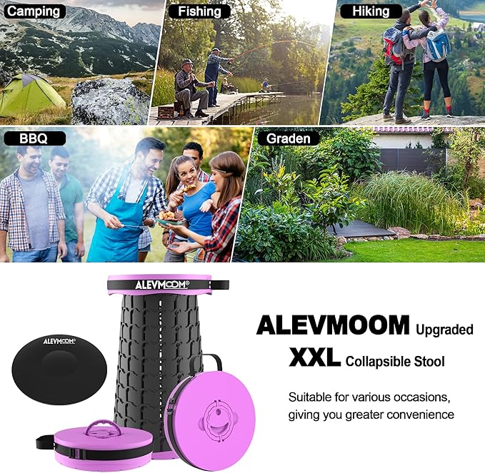 ALEVMOOM Upgraded 19.7" XXL Collapsible Stool with Cushion, Portable Telescoping Stool Capacity 1000lbs Heavy Duty Retractable Folding Chair for Adults for Camping Fishing Hiking BBQ