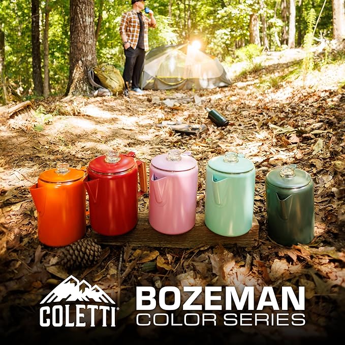 COLETTI Bozeman Camping Coffee Pot — Camping Coffee Makers, Coffee Percolator – America's Sleekest Percolator – NO Aluminum or Plastic (Camp Green)