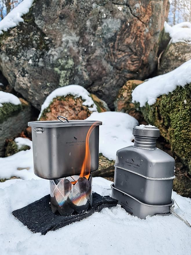 Boundless Voyage 750ml+400ml Titanium Military Mess Kit Ultralight Camping Cookware Set with Folding Handle & Hanging Rope Portable Canteen Cup for Outdoor Cooking, Hiking, Survival Ti2048C