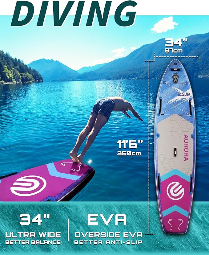 ESUP 11’6 ×34" Wide Inflatable Paddle Board with Premium SUP Paddleboard Accessories, Extra Stable Stand Up Paddle Boards for Adults/425lb/Family/Yoga/Beginner, with Shoulder Strap,Dual-Action Pump