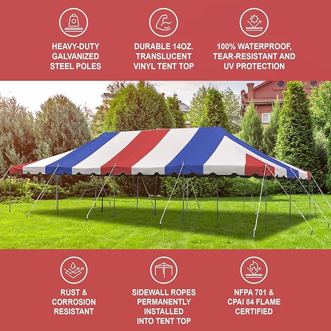 Party Tents Direct 20'x40' Weekender Canopy Pole Tent - Easy Up Canopy Tent with 160 Person Capacity - Outdoor Canopies for Parties, Weddings, & Events (Red White and Blue Top)