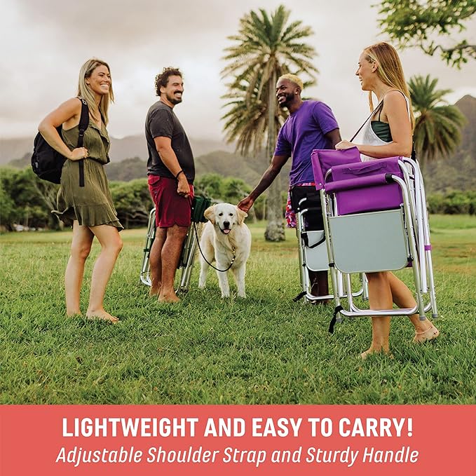 PICNIC TIME Sports Chair with Side Table, Outdoor Foldable Padded Adult Camping Chairs with Cup and Accessory Panel for Lawn, Beach, & Sports Use for Adults, up to 300-lbs Capacity, (Purple)