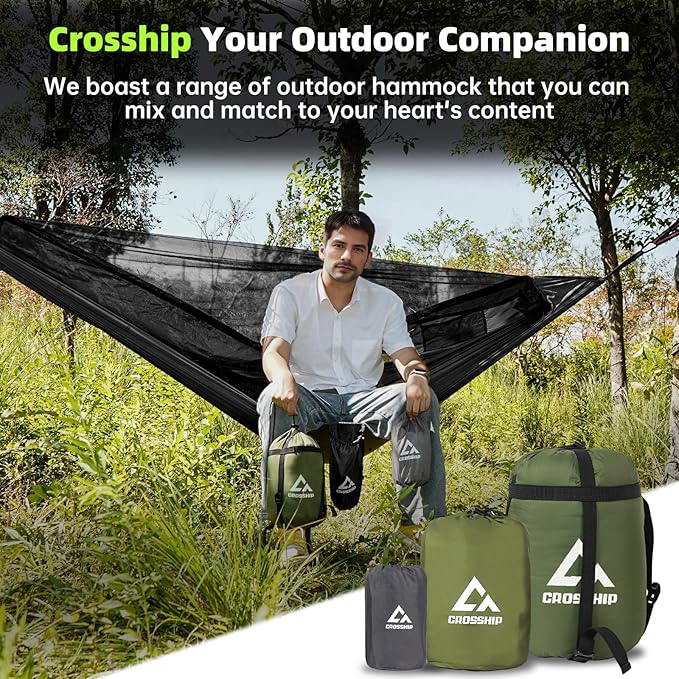 Camping Hammock with Mosquito Net, 2 Person Hammock Tent, Portable, Parachute Nylon for Indoor, Outdoor, Hiking, Backpacking, Backyard, Beach, Travel (Hold Up to 500lbs) (Black)