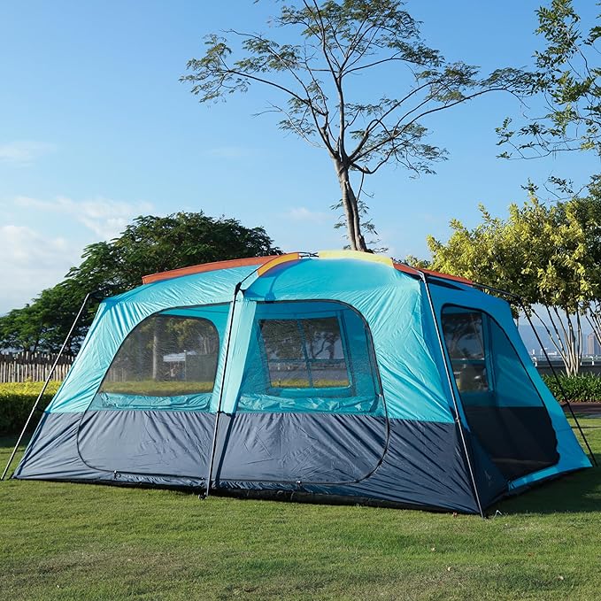 KTT Extra Large Tent 12 Person,Awning Family Cabin Tents,2 Rooms,3 Doors and 3 Windows with Mesh,Straight Wall,Waterproof,Double Layer,Big Tent for Outdoor,Picnic,Camping,Family Gathering