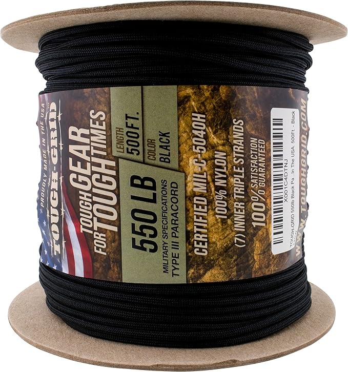 TOUGH-GRID 550 Paracord Rope Nylon Parachute Cord, Made in USA Survival Kit, Outdoor Adventures, Camping, Tactical Gear & Emergency Supplies, Military Type III Mil-Spec
