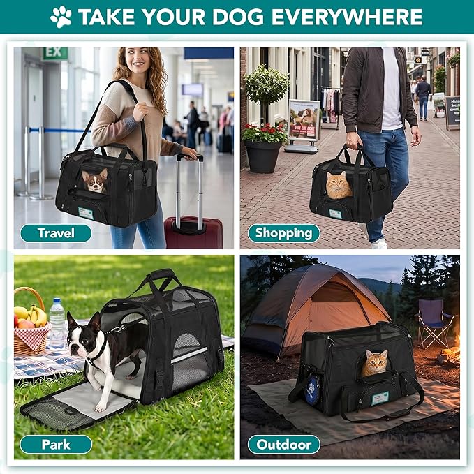PetAmi Airline Approved Pet Carrier for Cats & Small Dogs, Soft Sided TSA Travel Carrier Bag with Sherpa Bed, Breathable Mesh Ventilation, Collapsible Bowl, Fits Under Seat, Up to 18 lbs, Large Black