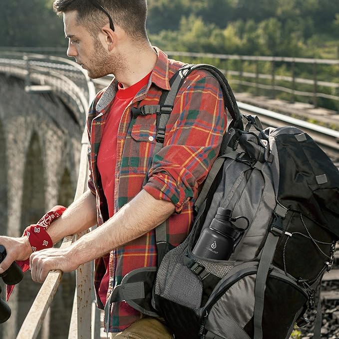 IDEUS Insulated Stainless Steel Water Bottle with 2 Leak-Proof Lids, Thermal Water Flask for Hiking Biking, 32oz, Black