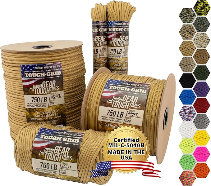 TOUGH-GRID Paracord Rope 750 lbs Nylon Parachute Cord, Made in USA Survival Kit, Outdoor Adventures, Camping, Tactical Gear & Emergency Supplies, Military Type IV Mil-Spec
