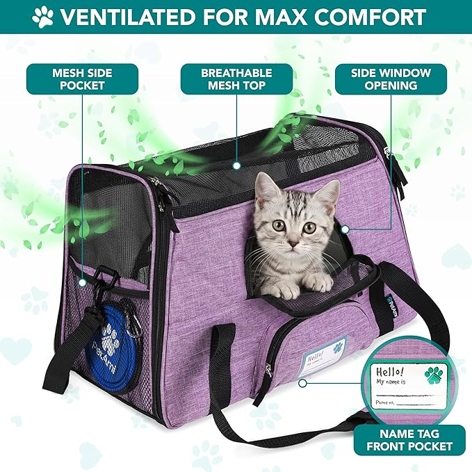 PetAmi Airline Approved Pet Carrier for Cats & Small Dogs, Soft Sided TSA Travel Carrier Bag with Sherpa Bed, Breathable Mesh Ventilation, Collapsible Bowl, Up to 18 lbs, Small Heather Purple