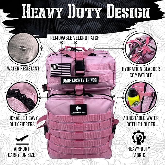 AMERICANPHOENIX 45L Elite Tactical Backpack | 3X Stronger Work & Military Backpack | Water Resistant and Heavy Duty | 3 Day MOLLE Bug Out Bag (Rose Pink)