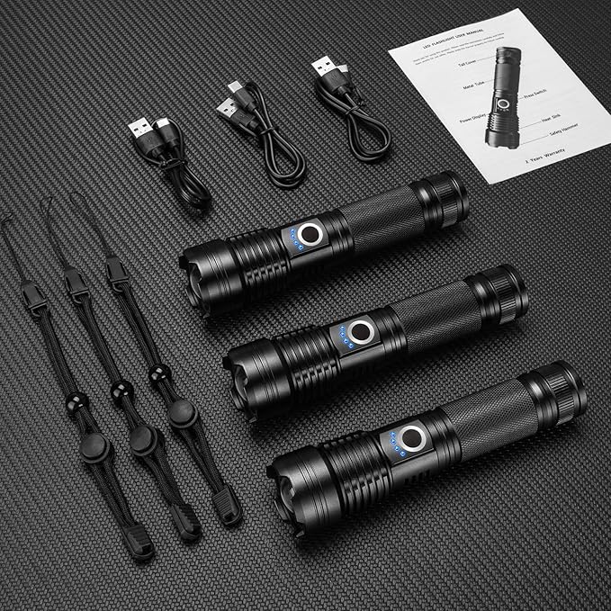Rechargeable Flashlights High Lumens 3 Packs, 99,000 Lumens Super Bright LED Flashlight with 5 Modes & Waterproof, Powerful Handheld Flash Light for Home Camping