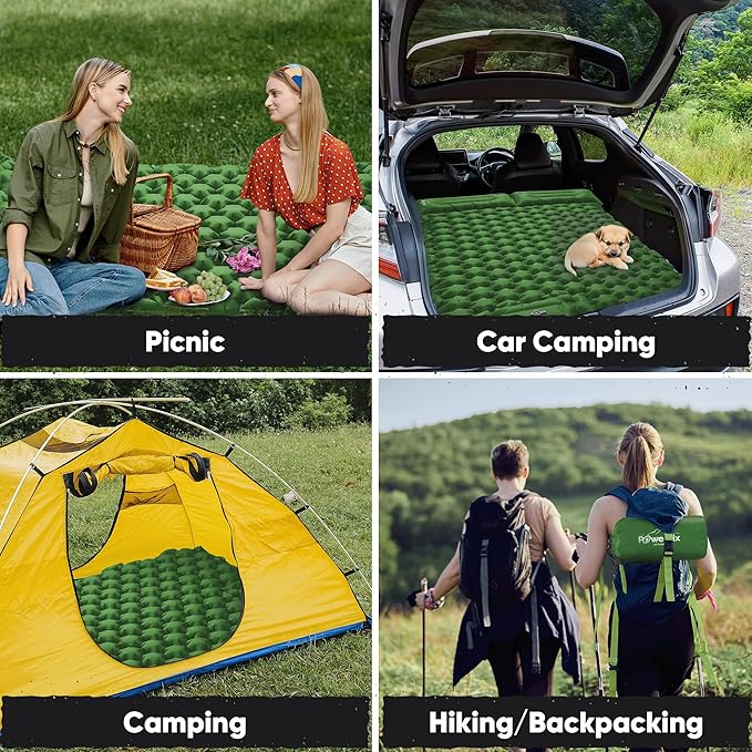 POWERLIX Double Camping Sleeping Pad Camping Pad for 2 Person with Pillow Built-in Foot Pump Inflatable Sleeping Pad for Camping, Backpacking, Hiking, Portable Camping Mattress Green