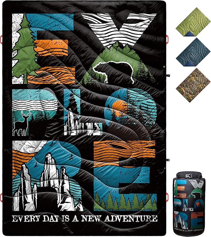 ECOSILK Puffy Blanket for Camping, Traveling, Picnics | Wearable, Waterproof, Lightweight, Packable Outdoor Travel Blanket Airplane w. Stuff Sack for Stadium, Car, Festival | 55 X 79 in