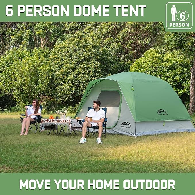Happy Travel Camping Tent, 4/6 Person Dome Tents for Camping with Rainfly, Waterproof Clip Easy Setup Portable Family Tent with Mesh Windows, 20% More Headroom Backpacking Tents for Camping & Hiking