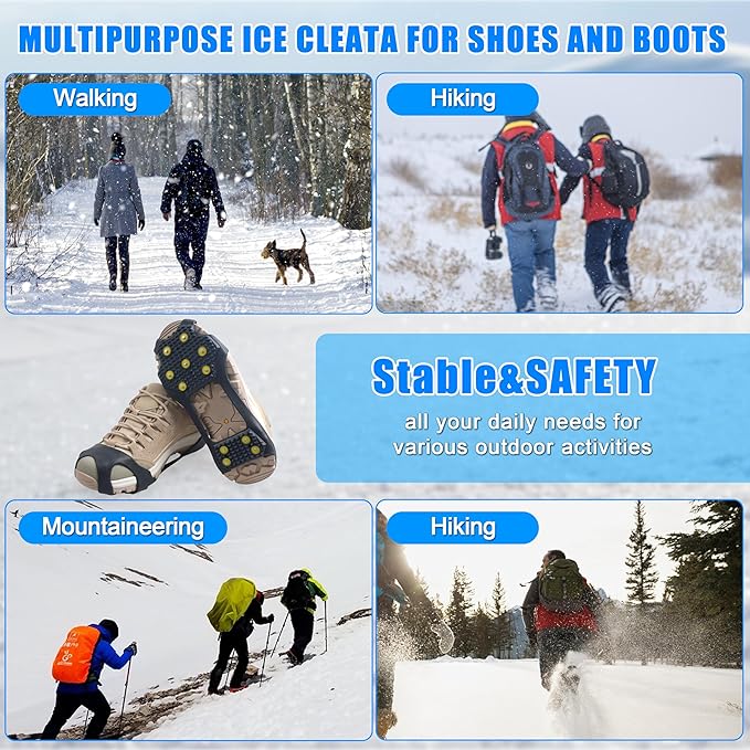 Ice Cleats for Shoes and Boots Traction Cleats for Snow Anti Slip Crampons 11 Studs Rubber Overshoe for Walking on Ice and Snow