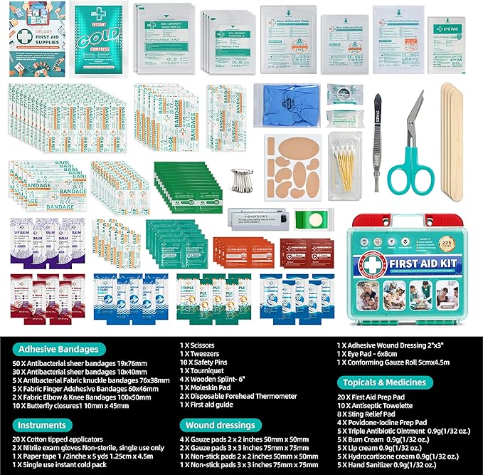 225 Pieces Portable Emergency First Aid Kit for Minor Wound Care, Includes Adhesive Bandages, Wound Gauze Pads, Ideal for Home, Car & On-The-Go