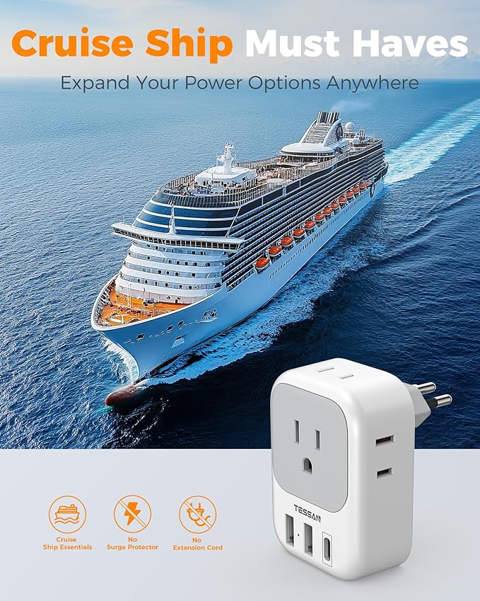 TESSAN Brazil Plug Adapter 2 Pack, 7 in 1 US to Brazil Power Adapter with 3 USB Ports (1 USB-C Port) 4 American Outlets, Type N Travel Adaptor for USA to Brazilian