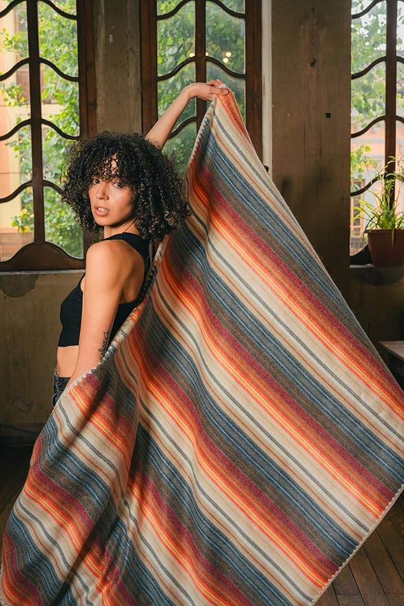 Alpaca Wool Blanket - Queen Size Bed Blanket - Alpaca Throw - Best Gift & Warm Throw, Lightweight, Couch or Camp- Outdoor - 87 x 64 inches (White & Brown)